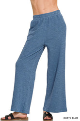 Zenana Cotton Slub Wide Leg Pants DUSTY BLUE OutfitFlow
