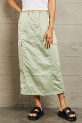 HYFVE Just In Time High Waisted Cargo Midi Skirt Light Green OutfitFlow