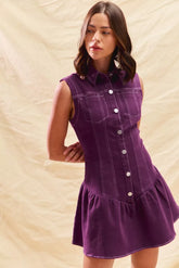 SO ME Button Down Sleeveless Collared Game Day Mini Dress PURPLE OutfitFlow