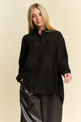 Davi & Dani Crinkled Jacquard Button Down Shirt Black OutfitFlow