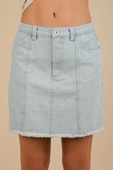 VERY J Bow Printed Casual Denim Mini Skirt Lt Indigo OutfitFlow