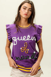 BiBi Queen Of Mardi Ruffled Armhole Sleeveless Knit Top PURPLE OutfitFlow
