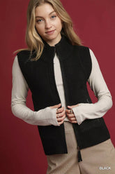 Umgee Zip-Up Sweater Vest with Ribbed Trim Black OutfitFlow