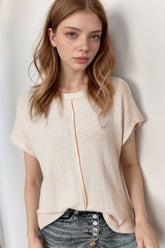 Solid Color Textured Seamed Short Sleeve Top Eggshell OutfitFlow