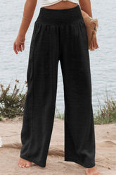 Plus Size Smocked High Waist Wide Leg Pants Black OutfitFlow