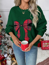 Plaid Bow Round Neck Christmas Sweater Green Trendsi