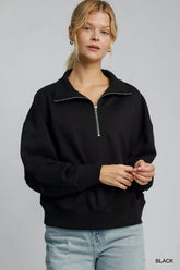 Umgee Half Zip Drop Shoulder Sweatshirt Black OutfitFlow