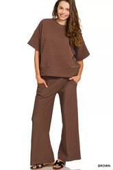 Zenana Ribbed Round Neck Tee & Pants Set BROWN OutfitFlow
