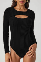 Ribbed Cutout Round Neck Bodysuit Black OutfitFlow