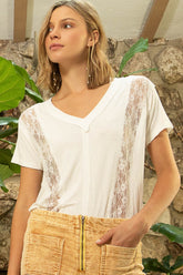 POL Inset Lace Outseam Detail Short Sleeve V-Neck T-Shirt Ivory OutfitFlow