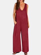 Full Size V-Neck Wide Strap Jumpsuit Burgundy OutfitFlow