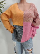 Color Block Decorative Button Long Sleeve Sweater Sherbet OutfitFlow