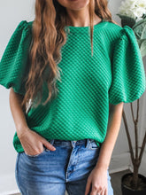 Texture Round Neck Puff Sleeve Blouse Turquoise OutfitFlow