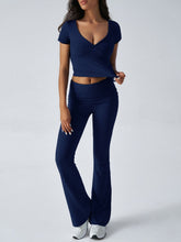 Devine Short Sleeve Top and Bootcut Legging Set Dark Blue OutfitFlow