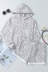 Drawstring Leopard Long Sleeve Hooded Top and Shorts Set Leopard OutfitFlow