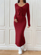 Cami Dress and Tied Long Sleeve Cardigan Set Burgundy OutfitFlow