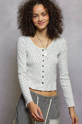 POL Button Down Polka Dot Ribbed Cardigan OFF WHITE OutfitFlow