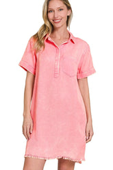 Zenana Tencel Mineral Washed Collared Shirts Dress DK PINK OutfitFlow