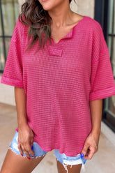 Textured Cuffed Short Sleeve Top Hot Pink OutfitFlow