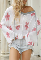 Drawstring Flower Hooded Knit Top White OutfitFlow