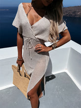 Slit Surplice Cap Sleeve Cover Up Tan OutfitFlow