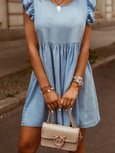 Full Size Ruffled Round Neck Cap Sleeve Denim Dress Light Blue OutfitFlow