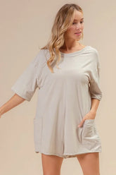 BiBi Short Sleeve Back Open Washed Romper OATMEAL OutfitFlow