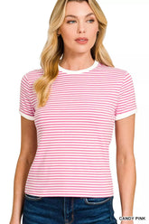 Zenana Striped Contrast Trim Tee CANDY PINK Trendsi