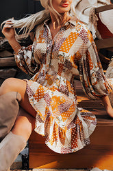 Printed Collared Neck Three-Quarter Sleeve Mini Shirt Dress Tangerine OutfitFlow