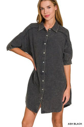 Zenana Washed Double Gauze Button Down Shirt Dress ASH BLACK OutfitFlow