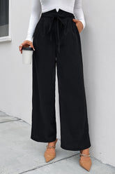 Perfee High Waist Ruched Tie Front Wide Leg Pants Black OutfitFlow