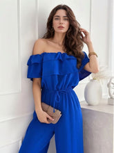 Ruffled Off-Shoulder Wide Leg Jumpsuit Royal Blue OutfitFlow