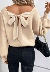 Tied Back V-Neck Long Sleeve Sweater Beige OutfitFlow