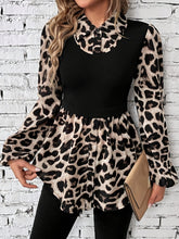Leopard Collared Neck Balloon Sleeve Blouse Black OutfitFlow