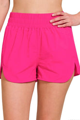 Zenana Windbreaker Smocked Waistband Running Shorts HOT PINK OutfitFlow