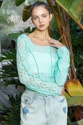 POL Exposed Seam Long Sleeve Lace Knit Top Electric Blue OutfitFlow