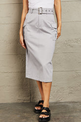 HYFVE Professional Poise Buckled Midi Skirt Light Gray OutfitFlow