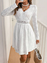 Lace Detail V Neck Long Sleeve Mini Dress White OutfitFlow