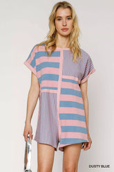 Umgee Mixed Striped Short Sleeve Romper DUSTY BLUE OutfitFlow