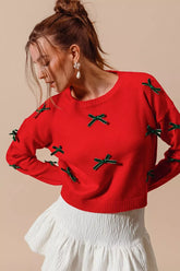 SO ME Ribbon Bow Applique Sweater RED HUNTER OutfitFlow
