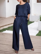 Round Neck Top and Pants Set Navy Blue OutfitFlow