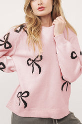 Bow Pattern Round Neck Loose Fit Sweater Blush Pink OutfitFlow