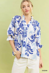 Umgee Leafy Damask Print Blouse with Contrast Scalloped Trim Detail OCEAN OutfitFlow