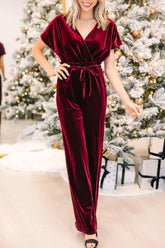 Drawstring Surplice Short Sleeve Jumpsuit Burgundy OutfitFlow