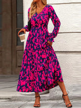 Printed V-Neck Flounce Sleeve Tiered Midi Dress Cerise OutfitFlow