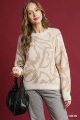 Umgee Heart Print Crew Neck Sweater Cream OutfitFlow