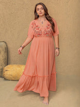 Plus Size Frill Embroidered V-Neck Half Sleeve Maxi Dress Coral OutfitFlow