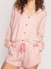 Striped Collared Neck Long Sleeve Top and Shorts Lounge Set Pale Blush OutfitFlow