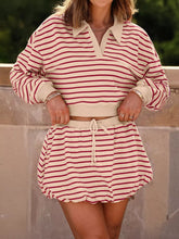 tripe Cropped Collared Drop Shoulder Pullover and Bubble Mini Skirt Set Deep Rose OutfitFlow