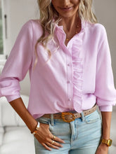 Striped Ruffle Detail Button-Up Blouse Pink OutfitFlow